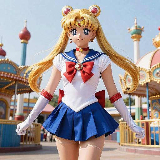 Digital art of anime-style Sailor Moon with blonde hair, blue sailor uniform, red bow, white gloves, and blue skirt, standing in front of a