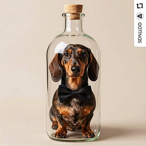 Photograph of a small black and tan dachshund wearing a black bow tie, enclosed in a clear glass bottle with a cork stopper,
