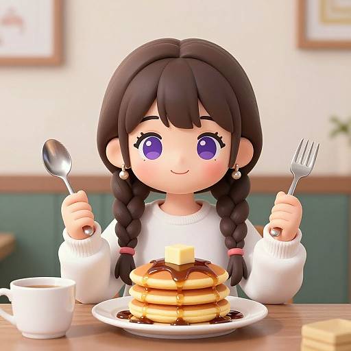 Chibi Girl Enjoying Breakfast Indoors