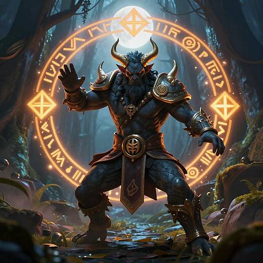 Digital artwork: Muscular, horned minotaur with dark fur, golden armor, and glowing runes, stands in a mystical forest under a radiant