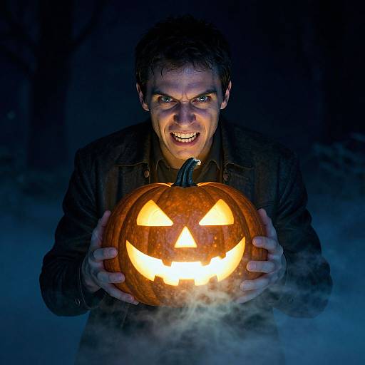 Photograph of a fierce-looking man with dark hair, glowing pumpkin in hands, menacing expression, blue foggy background, black jacket, Halloween-themed.