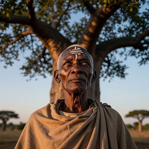 Photograph of an elderly African man with dark skin, white facial paint, and a traditional brown cloth, standing in front of a large tree at sunset
