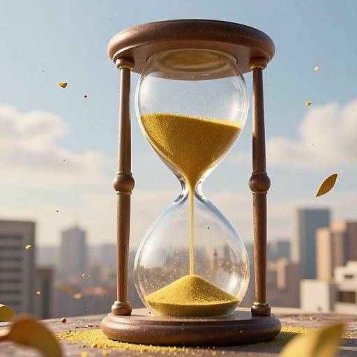 Photograph of a wooden hourglass with golden sand, set against a bright blue sky and cityscape background, with scattered leaves.