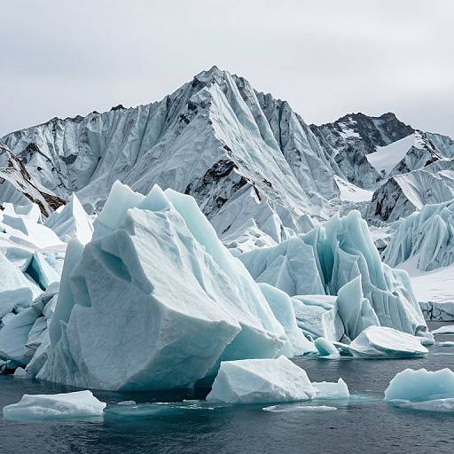 Photograph of towering, jagged icebergs floating in a dark blue ocean, with a snowy, mountainous glacier-covered background under a cloudy sky