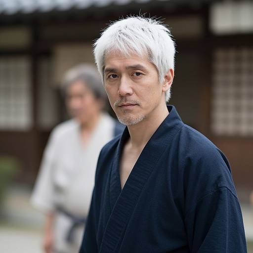 Photograph of a middle-aged man with white hair and goatee, wearing a black kimono, standing in front of a blurred older man in a
