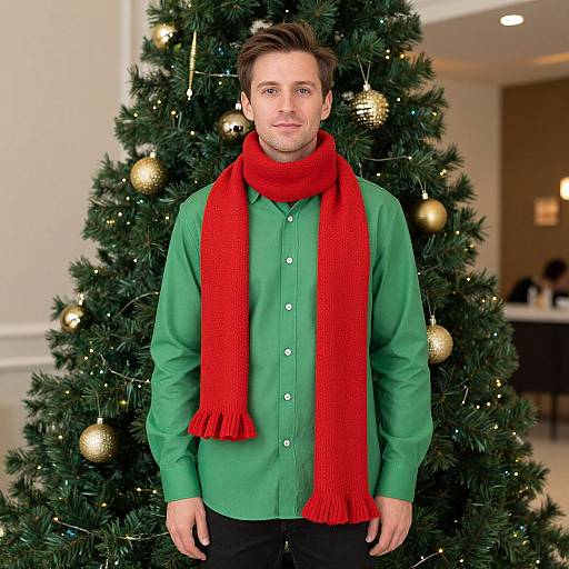 Photograph of a man with short brown hair, green shirt, and red scarf standing in front of a decorated Christmas tree.