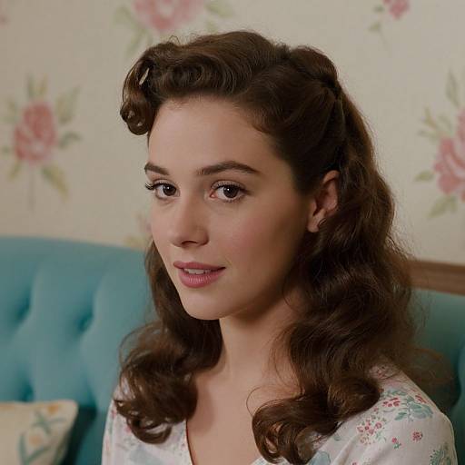 Photograph of a young woman with fair skin, brown wavy hair in a vintage style, wearing a floral dress, sitting on a teal tuft