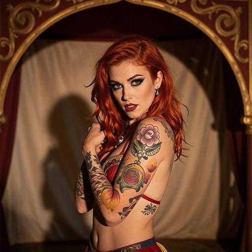 Photograph of a red-haired woman with tattoos, wearing red lingerie, standing in a golden archway, with dramatic lighting and shadow.