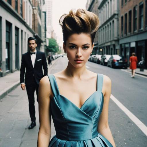 Woman with Pompadour Hairstyle in Formal Gown on Urban Street