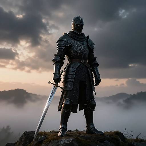 Photorealistic digital art: Silhouetted medieval knight in full armor, holding a glowing sword, stands on a rocky hill under a dramatic,