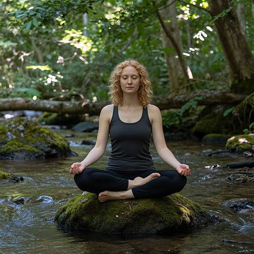 Photograph of a red-haired woman with curly hair, wearing a black tank top and black pants, meditating in a forest stream, sitting cross-legged