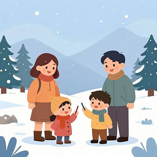 Happy Family in Snowy Winter Cartoon