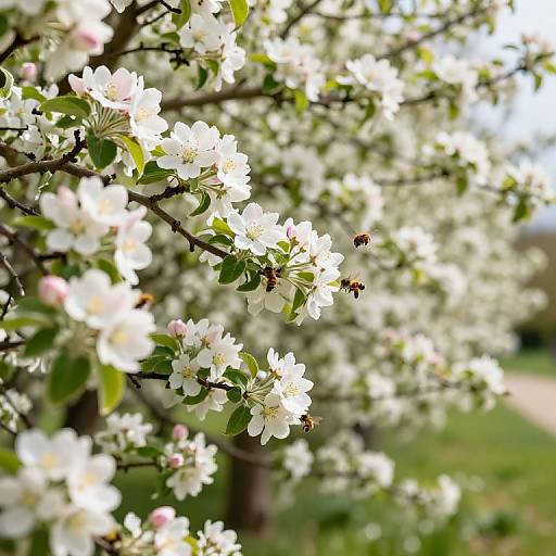 Photograph of a blooming cherry tree with white flowers, green leaves, and a bee collecting nectar, set against a bright, sunlit background