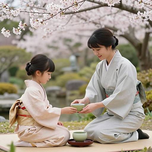 Photograph of a Japanese woman in a white kimono kneeling beside a young girl in a beige kimono, sharing a green tea on a mat under