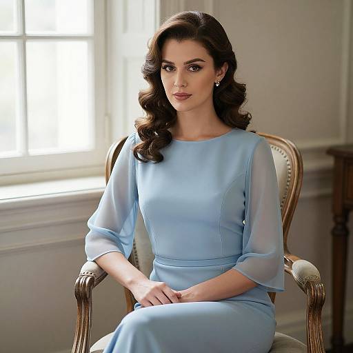 Photograph of a beautiful woman with dark, wavy hair, wearing a light blue, sheer-sleeved dress, sitting in an elegant chair,