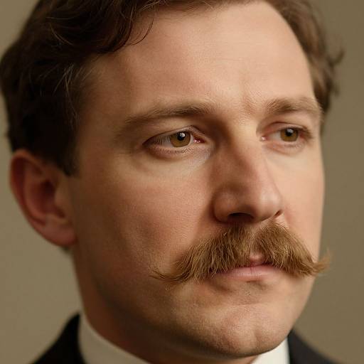 Photograph of a Caucasian man with light skin, brown eyes, brown wavy hair, and a thick brown mustache, wearing a black suit and
