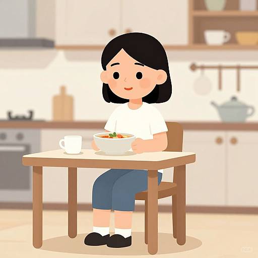 Cartoon-style drawing of a black-haired girl with fair skin, wearing a white shirt, blue skirt, white socks, and black shoes, eating at