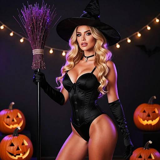Photorealistic digital artwork of a blonde woman in a black witch outfit, holding a broom, with glowing jack-o'-lanterns and string