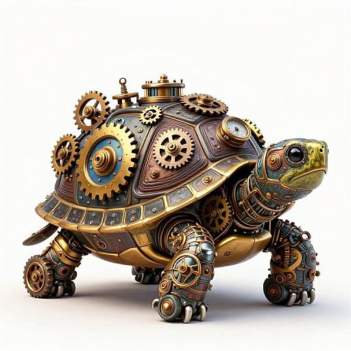 Steampunk-style, intricately designed turtle robot with brass gears, clockwork mechanisms, and colorful metal accents, standing on four mechanical legs.