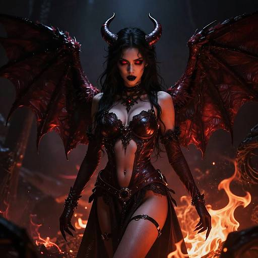 Digital artwork: Dark-haired demon woman with black horns, red wings, and dark armor stands amidst flames, her glowing red eyes and black lipstick contrasting the
