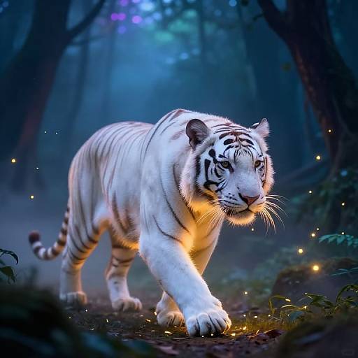 Photorealistic CGI of a white tiger walking through a mystical, dark forest with glowing blue and purple hues and floating fireflies.