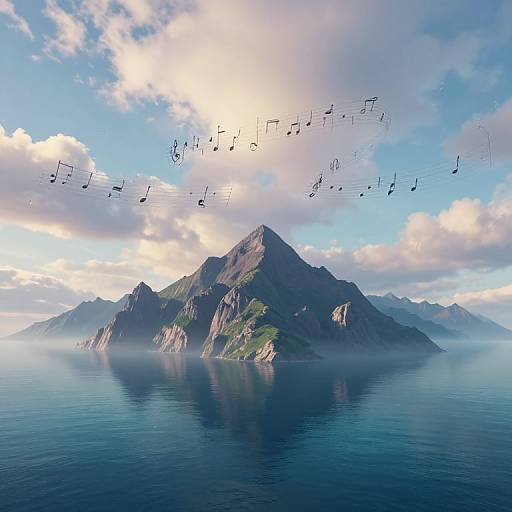 Photorealistic digital artwork of a majestic mountain island with musical notes floating above, set against a serene blue sky and calm sea.