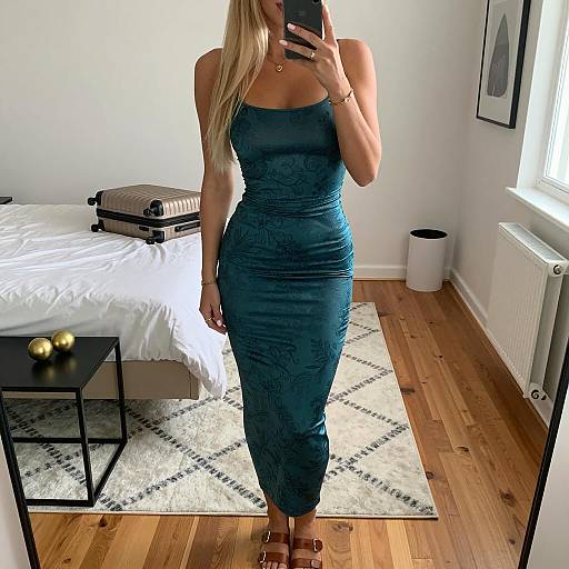 Woman in teal floral dress taking mirror selfie