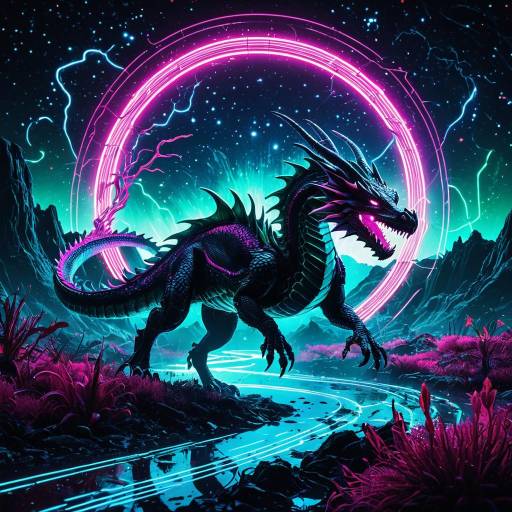 Synthwave Neon Serpentine Dragon in Electric Swamp Synthwave Neon Serpentine Dragon in Electric Swamp