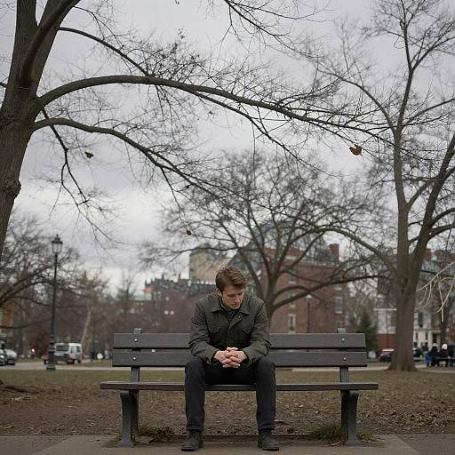 Photograph of a solitary man in a dark green jacket, sitting on a black bench in a leafless park, hands clasped, with bare trees