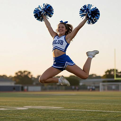 Photograph of a joyful female cheerleader mid-jump, wearing a blue and white uniform, holding blue pom-poms, on a football field at