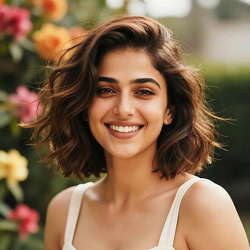 Photograph of a smiling young woman with wavy brown hair, wearing a white tank top, set against a blurry garden background.