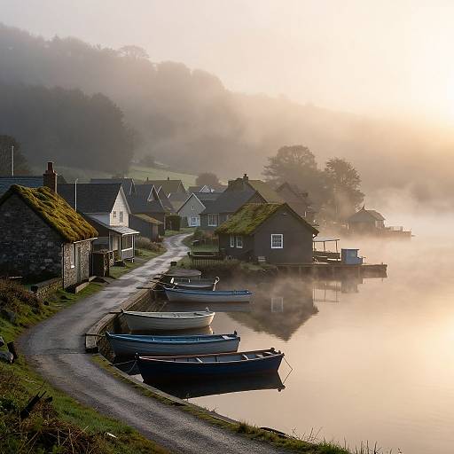 Photograph of a misty, tranquil lakeside village at sunrise, featuring stone cottages, small boats on calm water, and a fog-laden