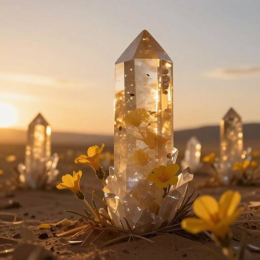 Photograph of glowing quartz crystals filled with yellow flowers, set in a desert landscape at sunset, with warm golden light.