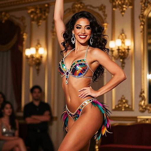 Photograph of a smiling, tan-skinned woman with long black hair, wearing a colorful, sequin bikini with feather accents, posing confidently in an