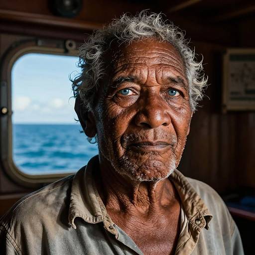 Photograph of a weathered, elderly man with curly gray hair, deep wrinkles, and blue eyes, wearing a worn shirt, inside a ship,