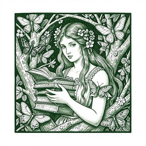 Black-and-white illustration of a long-haired, flower-crowned girl reading a book surrounded by butterflies and leaves, creating a whimsical, nature-filled scene