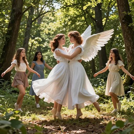 Photograph of four young women dancing in a sunlit forest, central woman with white wings in flowing white dress, others in cream and blue dresses.