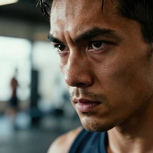 Close-up photograph of a sweaty, focused young man with medium skin tone, dark hair, intense eyes, and stubble, wearing a black tank top