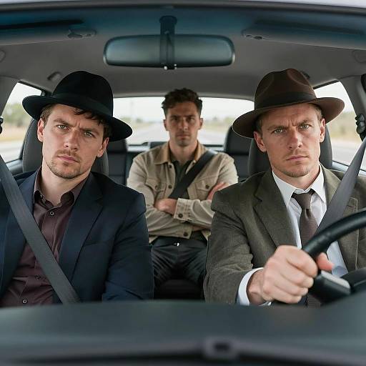 Three Men with Intense Expressions in Car Interior