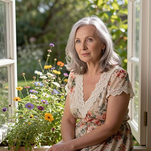 Photograph of an older woman with silver hair, wearing a floral lace dress, sitting by an open window, surrounded by vibrant flowers in sunlight.