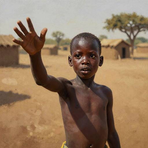 Photograph of a young, shirtless African boy with dark skin, short hair, and small build, waving with a serious expression in a sunlit