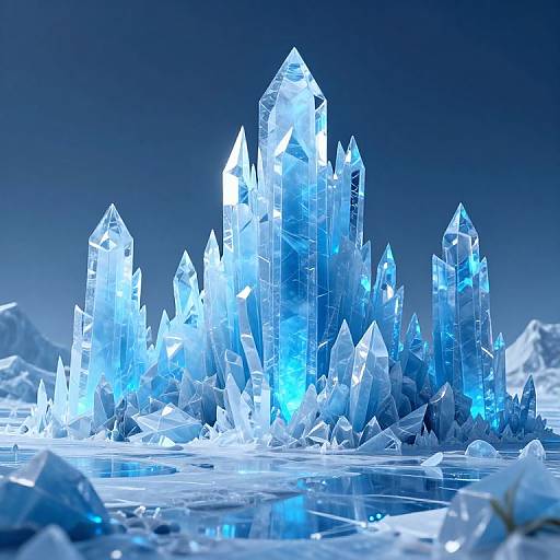 Photorealistic CGI of a glowing, blue-lit crystal cave with towering, translucent ice formations against a dark, gradient blue background.
