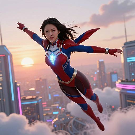 CGI image of a flying Asian woman in a red, blue, and white superhero suit, soaring above a neon-lit cityscape at sunset.