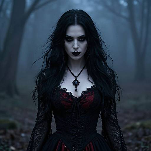 Digital artwork of a pale, dark-haired woman with black lipstick, wearing a gothic, red and black lace dress, standing in a misty,
