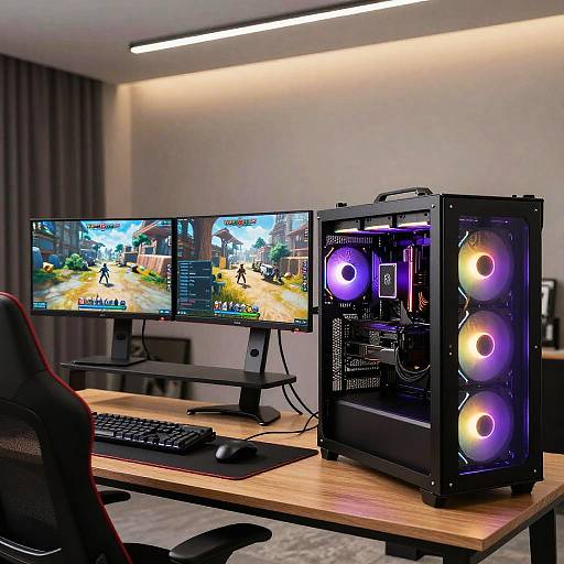 Modern gaming setup: dual monitors displaying a vibrant game, black tower PC with illuminated purple lights, on a wooden desk, under fluorescent lighting, with a