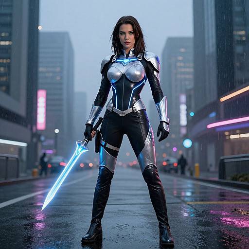 Photorealistic CGI of a fierce, dark-haired woman in metallic silver and black armor, holding a glowing blue sword, standing confidently in a rainy,