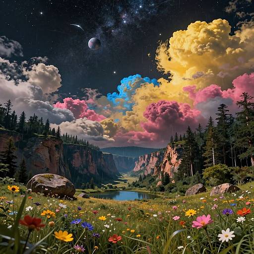 Digital painting of a vibrant, starry night sky over a colorful meadow with wildflowers, rocky cliffs, and a serene lake. Lush green