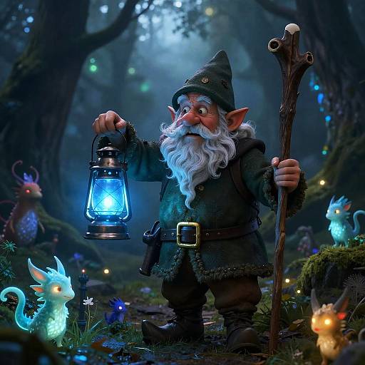Photorealistic fantasy image of a bearded, pointy-eared gnome in dark clothing holding a glowing blue lantern in a magical forest.