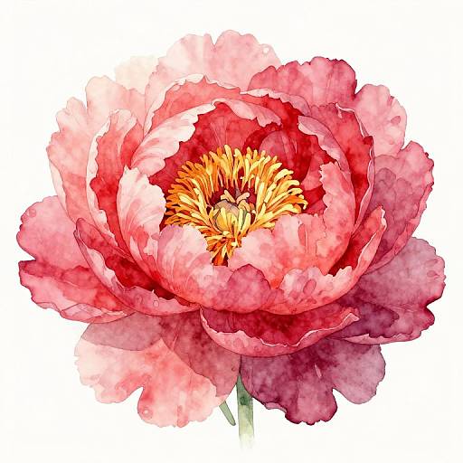 Watercolor painting of a vibrant pink peony with red and yellow center, detailed petals, and soft gradients, against a white background.