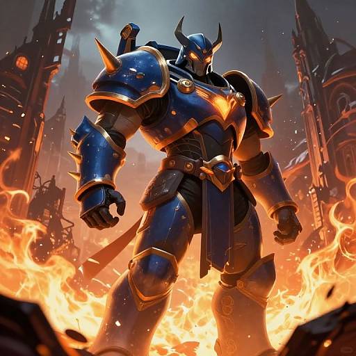 Digital art of a muscular, blue armored warrior with horns and glowing yellow emblem, standing in fiery ruins of a dark, gothic city.